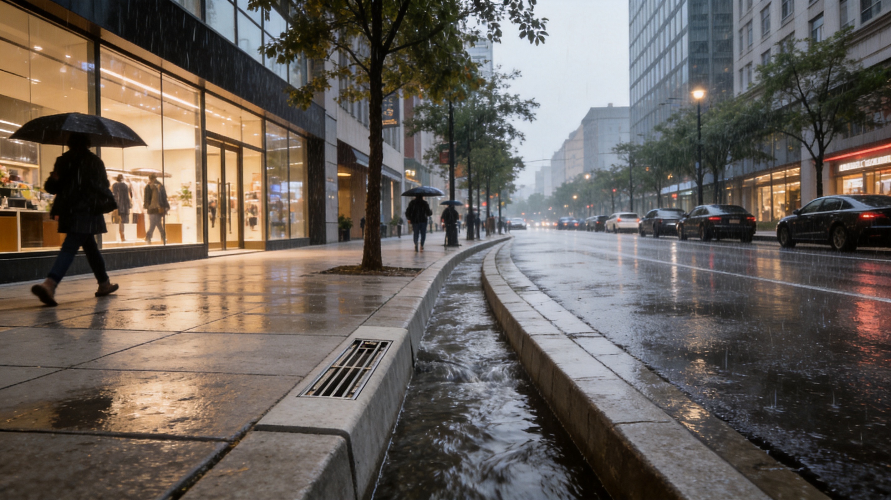 Slotted Edge Linear Curb Drainage Ditch for Invisible Urban Runoff Management
